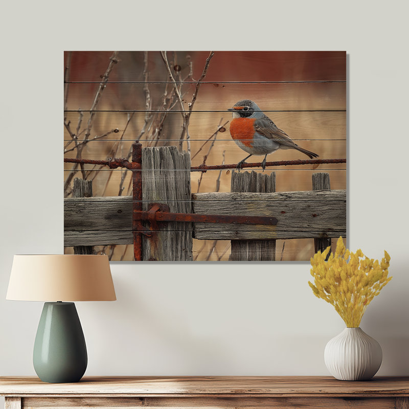 Robin des bois à la ferme - Décoration murale en bois d'oiseau - sur bois de pin naturel, H 24 po x l 32 po
