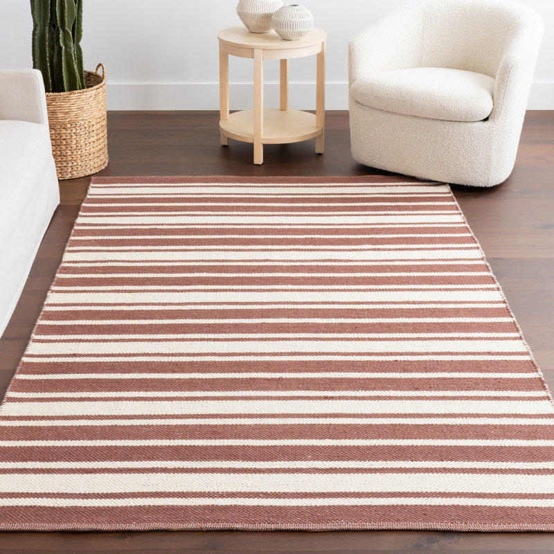 Brick and Off-White Striped Wool Rectangular Area Rug, 4' x 6'