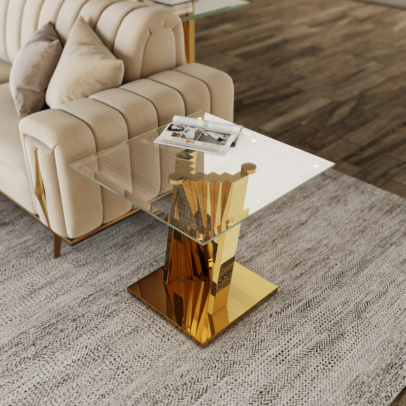 Ensemble de 2 tables de bout en verre transparent avec base géométrique dorée