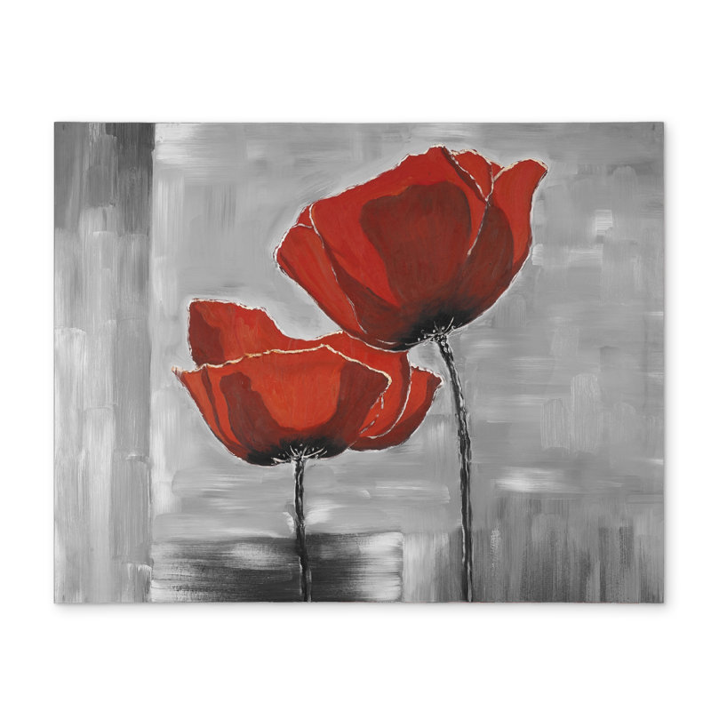 Napperon gris floral en polyester | Deux fleurs rouges
