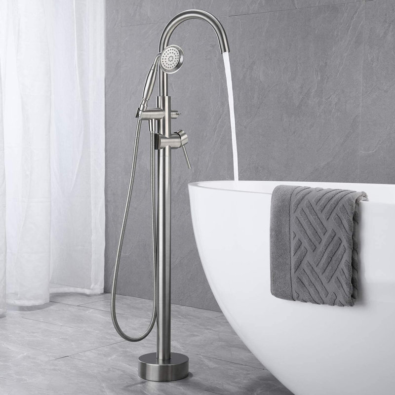 Robinet de baignoire sur pattes à deux poignées avec douchette sur pied, Nickel brossé