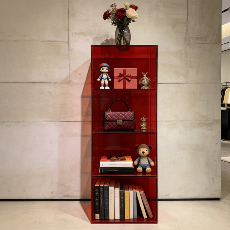 Red Acrylic Display Shelving Unit, (4 Shelves) 47.24"H x 15.75"W x 11.81"D