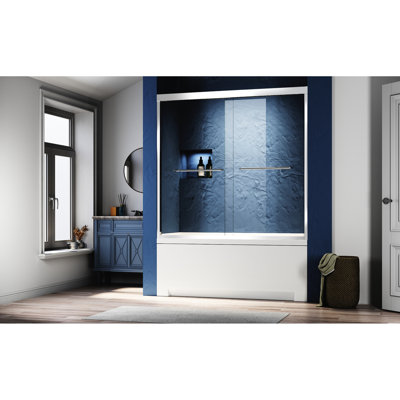 Porte de baignoire semi - double coulissante en verre 56 60 po L 62 po, verre trempé transparent épais, poignées en acier inoxydable 304, rail supérieur épaissi de mise à niveau, teinture unie et rouille, rouleaux intégrés lisses, 100%