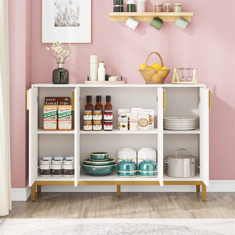 59.74" Luxury White & Gold Buffet Sideboard Cabinet With Storage & Geometric Doors, White