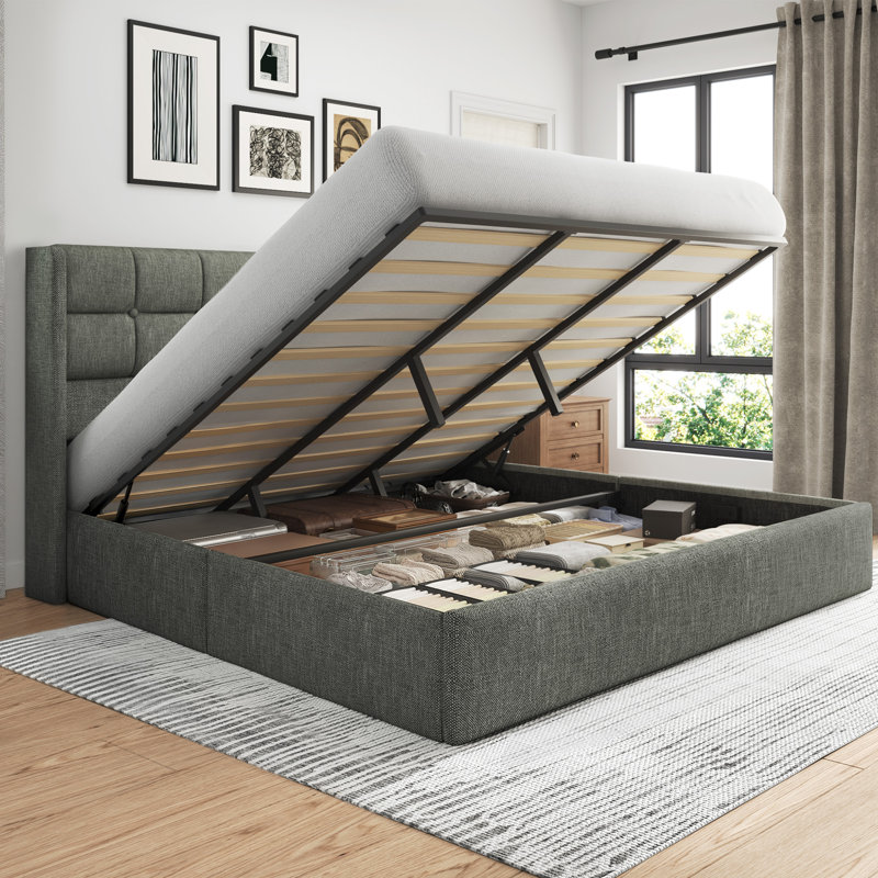 Lift Up Storage Bed Frame, Linen Upholstered King Platform with Button Tufted Wingback Headboard and Under-Bed Storage, Hydraulic Support, No Box Spring Needed, Noise Free, Grey