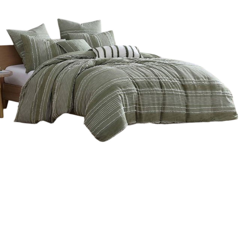 Ensemble d'édredon 5 pièces Meo, rayures jacquard tissées texturées vertes, Édredon pour très grand lit + 2 taies décorativ