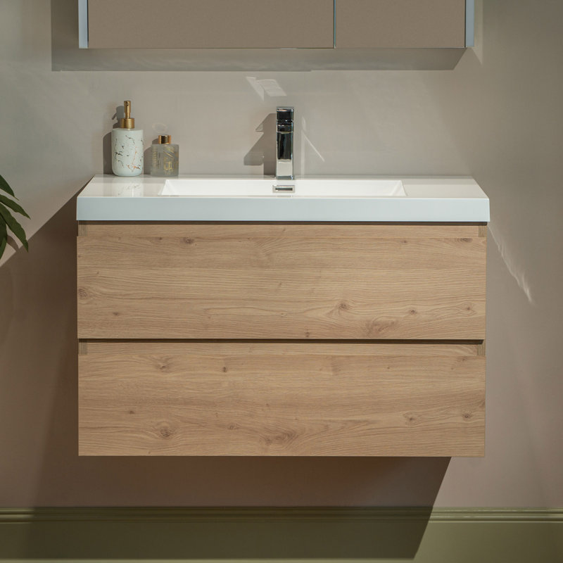 Meuble-lavabo flottant mural 36 po avec comptoir en résine composite, Blanc, Chêne naturel, 36"
