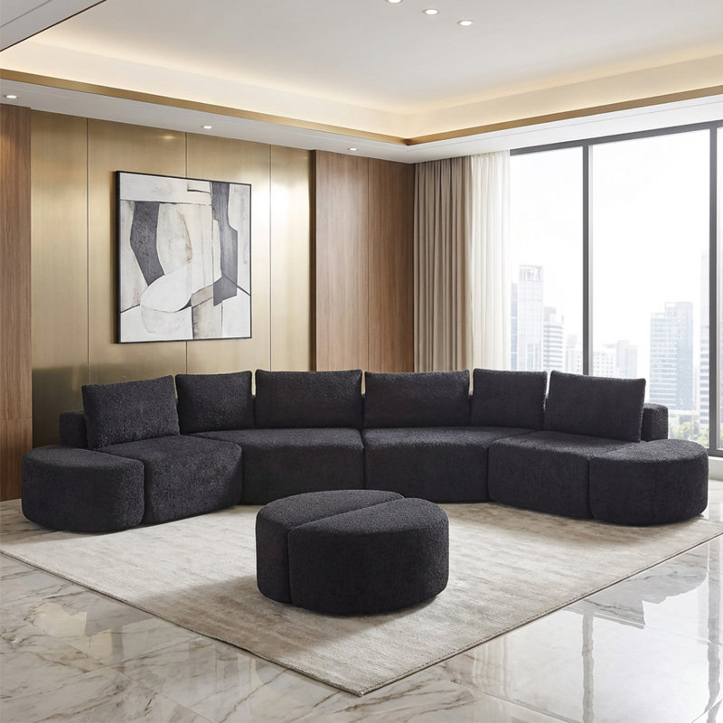 Ensemble de canapé modulaire en tissu chenille sans os, avec six coussins décoratifs et quatre repose-pieds courbés