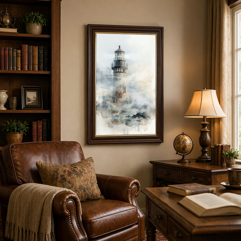 Art mural antique sur toile encadré doré pour le salon, la chambre à coucher, le bureau ou le vestibule - Décoration murale décorative avec brume de phare