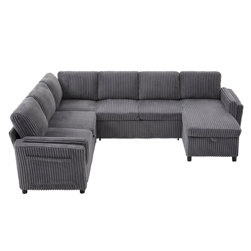 Canapé-lit en U avec ports USB et rangement, Gris