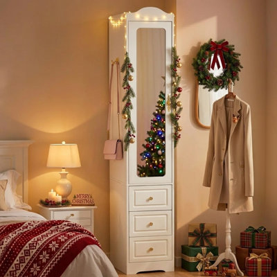 Armoire-penderie avec 3 tiroirs, miroir, tringle et éclairage DEL à détecteur de mouvement pour chambre à coucher, ouverture à gauche, blanche