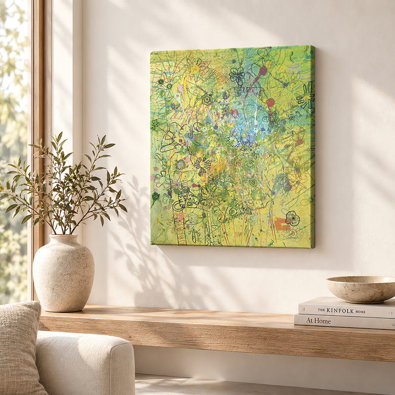 Tableau abstrait sur toile Lime Doodle Network, H 14 po x l 11 po, Toile tendue avec châssis