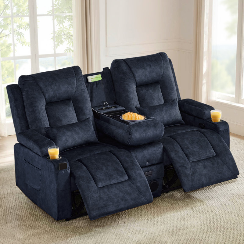 Manual Reclining Loveseat With Flip-Top Console, Charging Ports, Bluetooth Speakers And LED Lights, Blue