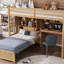 Lit mezzanine simple au-dessus de simple avec bureau intégré et escalier, avec compartiments de rangement et tablettes-1102871315
