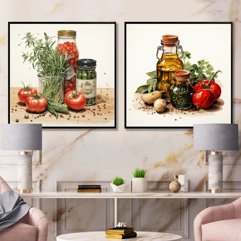 Ensemble de salon mural rouge et vert avec herbes parfumées I - Spices Wall Art, Cadre flottant noir