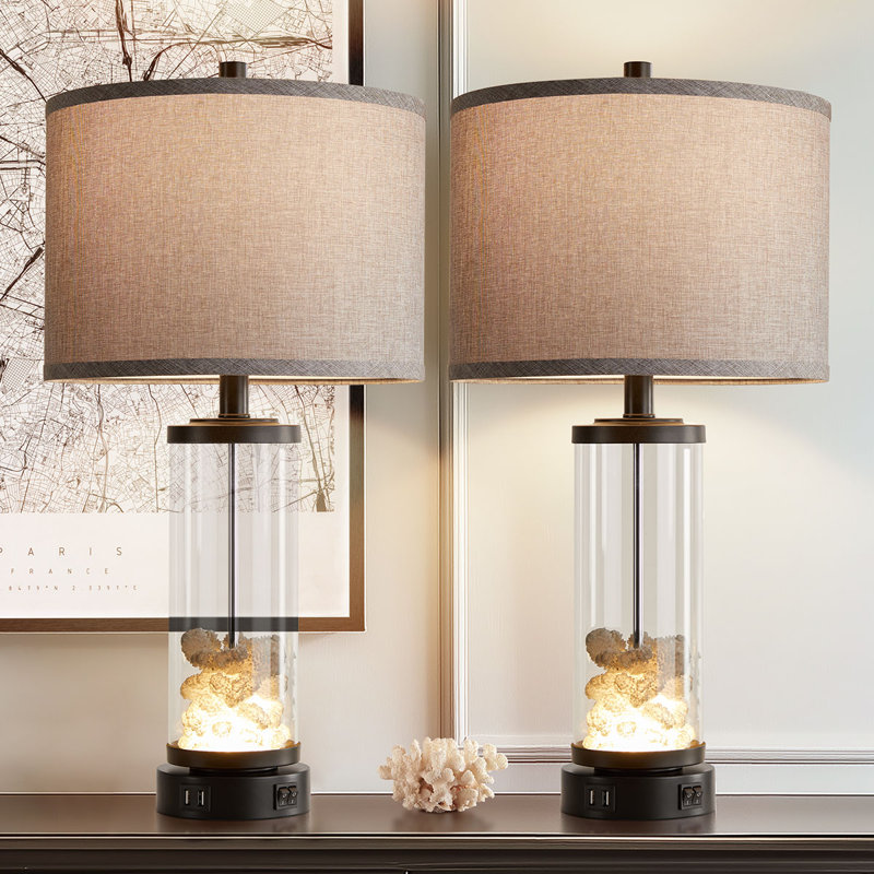 Farmhouse Table Lamps Set of 2 for Bedroom Nightstands, with USB Charging Ports & Night Light, Coral Glass Base, Fabric Shade, LED Bulbs Included