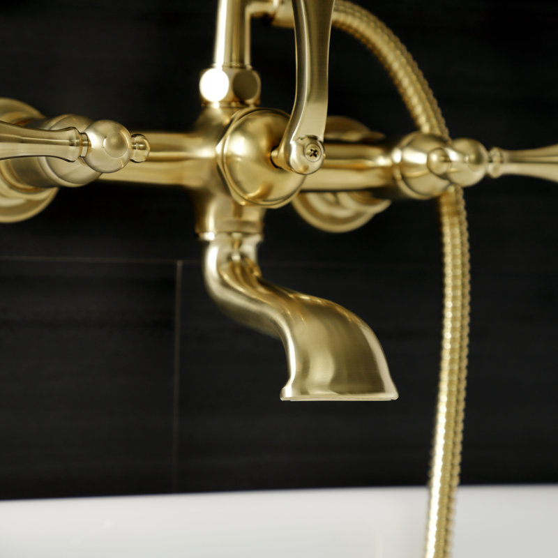 Kingston Brass Aqua Vintage Three-Handle 2-Hole Tub Wall Mount Clawfoot Tub Faucet with Hand Shower, Brushed Brass