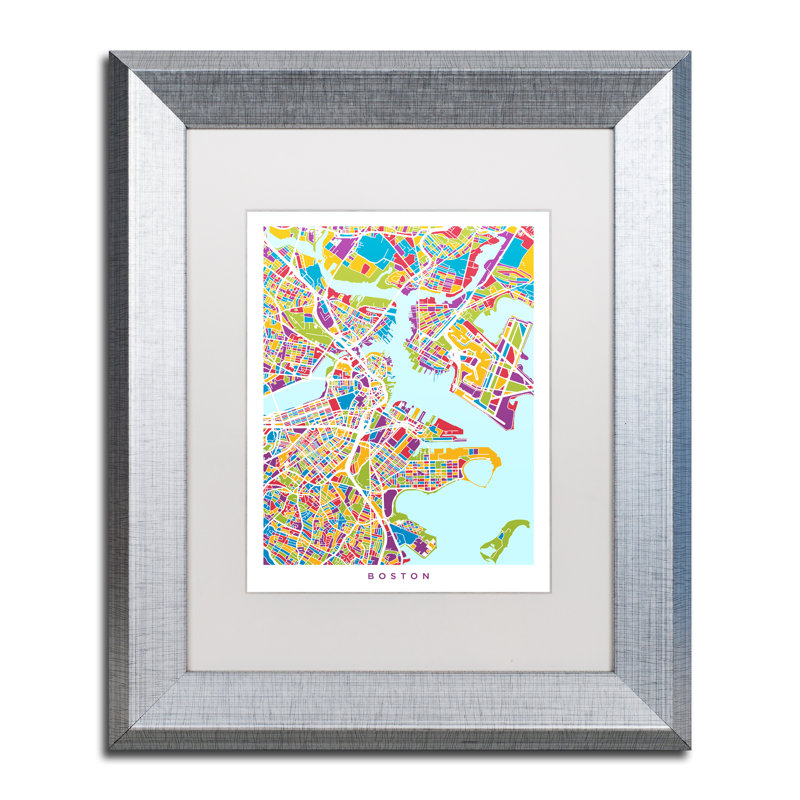 « boston ma street map 3 », impression encadrée, H 14 po x l 11 po x P 0,5 po, Toile avec cadre argenté, Blanc