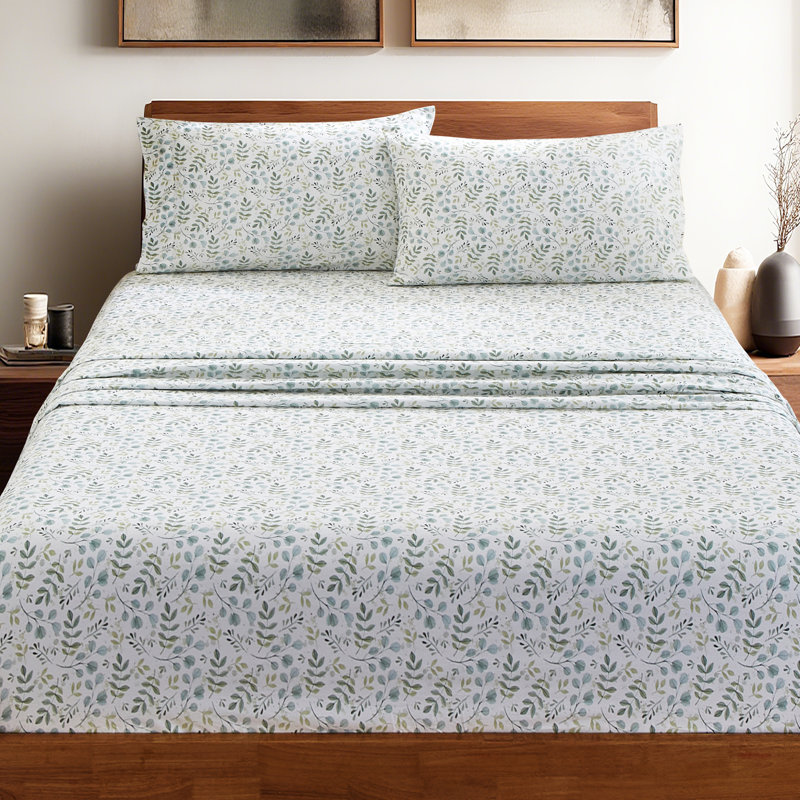 Ensemble de draps 100% coton, Ensemble de draps pour très grand lit avec 2 taie, Motif floral bleu / vert