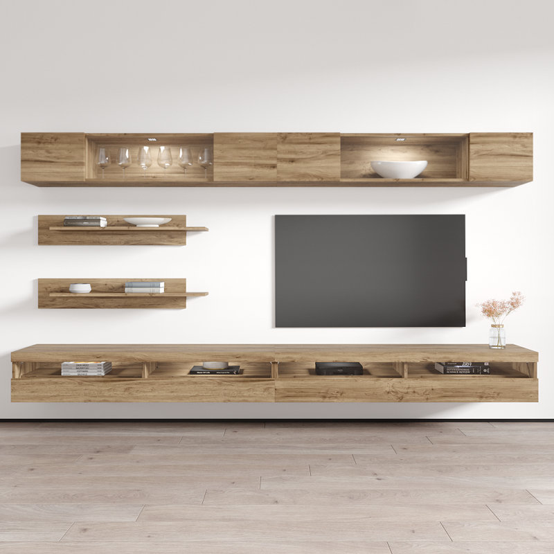 Bergenia 126" Modern Floating Wall Mounted Entertainment Center with 16-Color LED Lighting, High Gloss Finish, Oak