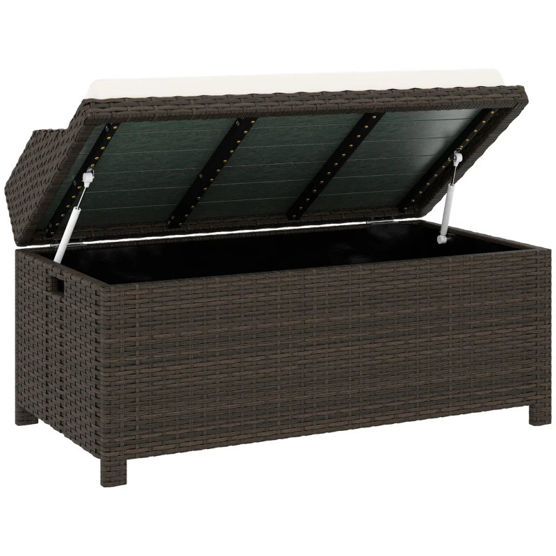 Banc de rangement extérieur en osier de polyéthylène de 34 gallons, coffre de rangement de patio 2 en 1 résistant aux intempéries avec vérins à gaz, coussin amovible anti-éclaboussures et structure en aluminium pour la cour de jardin