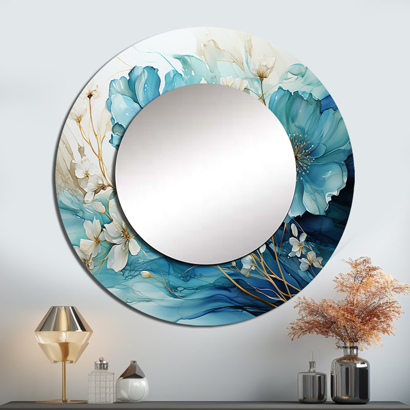 Teal Gold Abstract Fractal Mystic Mirage II - Modern Round Mirror Wall Decor, 23" x 23"
