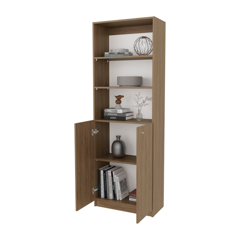 Bibliothèque à 2 portes en chêne naturel avec rangement ouvert, Marron foncé