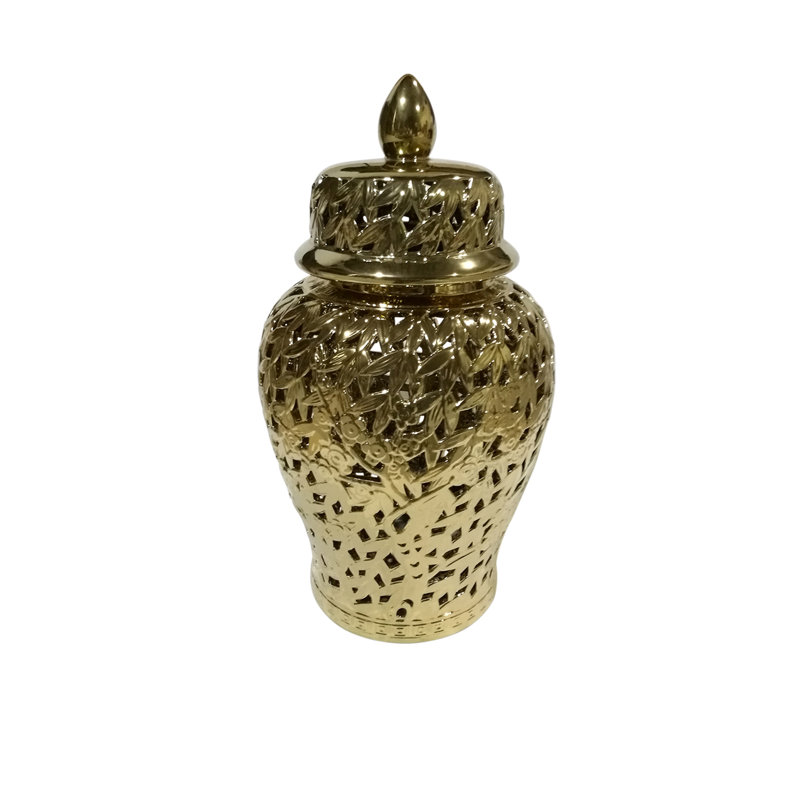 Grand vase contemporain en céramique pour présentation de table - Vase décoratif à découpes, Doré