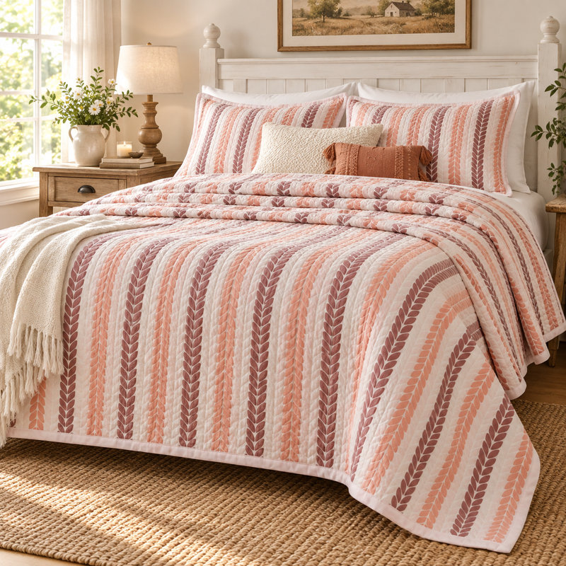 Couvre-lit réversible Lehar rose poudré à rayures feuillues, 100 % coton, 90 po x 108 po, Blush Pink