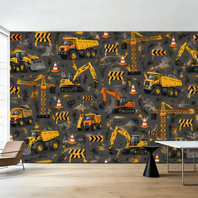 Peel and Stick Wallpaper Kids Room Wall Mural Construction Vehicles Equipment Yellow Cranes Dump Trucks Excavators Wall Art Self Adhesive and Removable