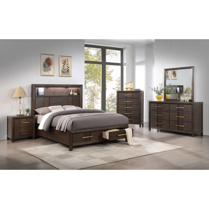 Ensemble de chambre à coucher avec rangement pour très grand lit 5 pièces KENZO en bois, tête de lit à DEL, haut-parleurs Bluetooth et ports USB - noyer