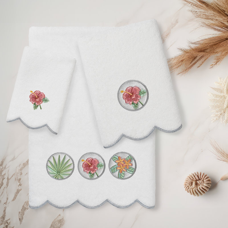  Ensemble de serviettes 100% coton festonné 100% coton MAUI, Blanc / Gris, Ensemble 3 serviettes de bain