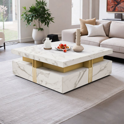 Table basse moderne carrée avec rangement et 4 tiroirs
