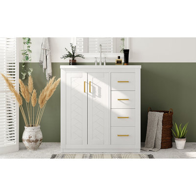 Meuble-lavabo de 30 po avec lavabo en céramique, structure en bois massif, charnières à fermeture en douceur, planches, 3 tiroirs, rangement spacieux, glissière de tiroir lisse, portes à cadre rainuré uniques,