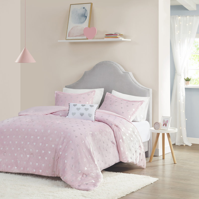 Pink Microfiber Full Kids Comforter Set with Metallic Hearts