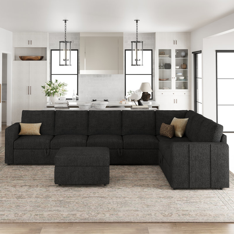 Seybert Luxurious U-Shaped Sofa Velvet Chenille Sectional Sofa For Living Room, Dark Gray Chenille
