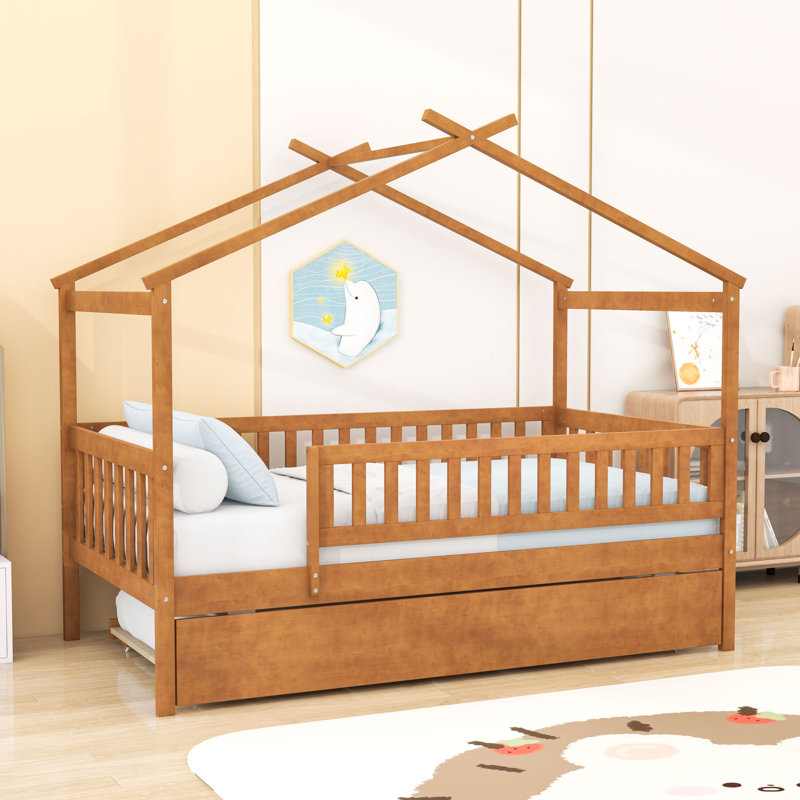 Lit simple en bois avec lit gigogne simple et garde-corps, Noyer