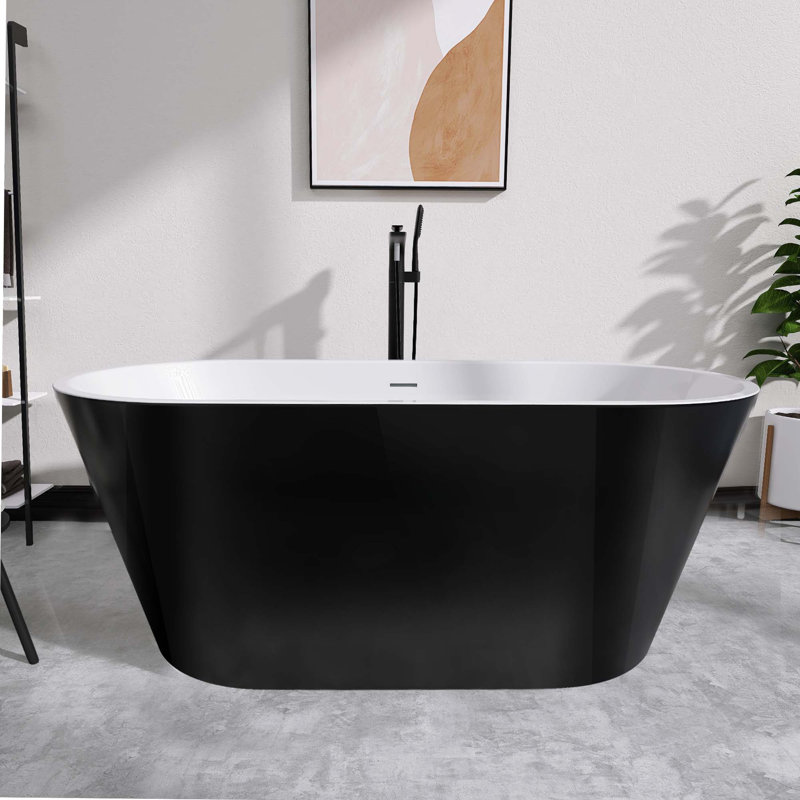 59'' x 30'' Acrylic Freestanding Bathtub Contemporary Deep Soaking Tub with Center Drain, Glossy Black