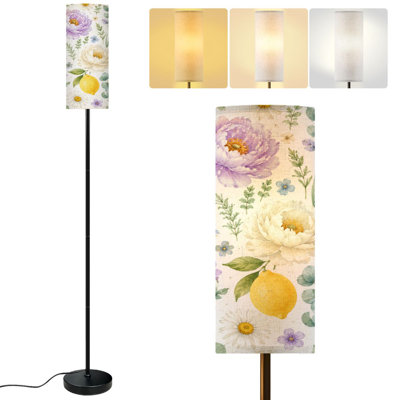  Lampe sur pied 68,5 po pivoine à fleurs jaunes, citron, feuilles vertes, fleurs blanches, sans soudure, à intensité variable, avec poteau en métal avec abat-jour en lin, ampoule DEL incluse