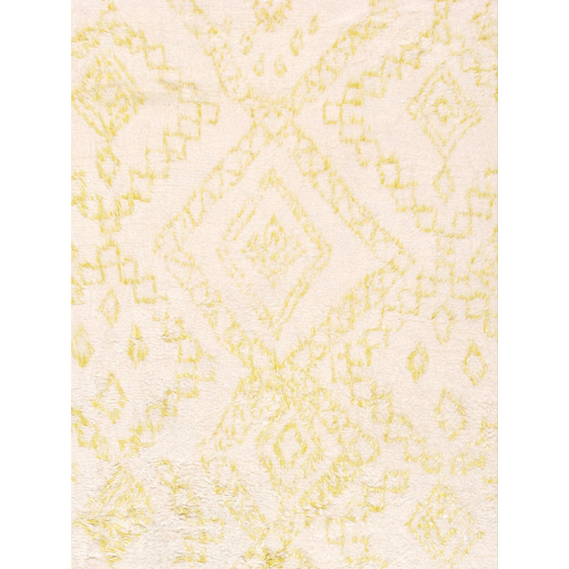 Tapis géométrique ivoire / jaune en coton noué à la main 7 pi 9 po x 9 pi 7 po Geometric, Rectangle 7 pi 9 po x 9 pi 7 po