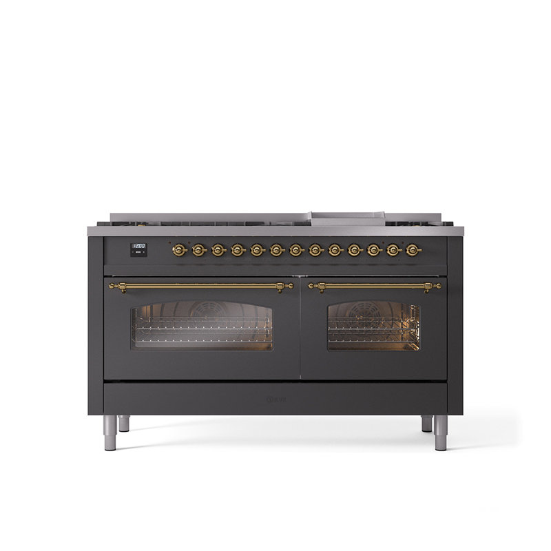 ILVE Nostalgie II 60 Dual Fuel Range, 9 Burners, Griddle, Graphite Matte/Brass, Natural Gas