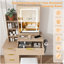 Ce meuble-lavabo moderne comprend 3 modes d'éclairage DEL à luminosité réglable, 4 tiroirs et plusieurs tablettes de rangement ouvertes, un porte-sèche-cheveux et une prise de courant, une coiffeuse-133578650