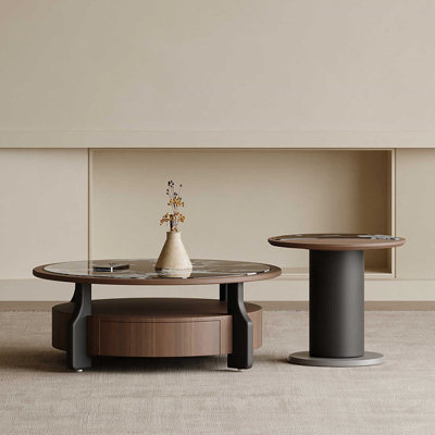 Walnut & Black Marble Microcrystalline Stone Round Nesting Coffee Table Set