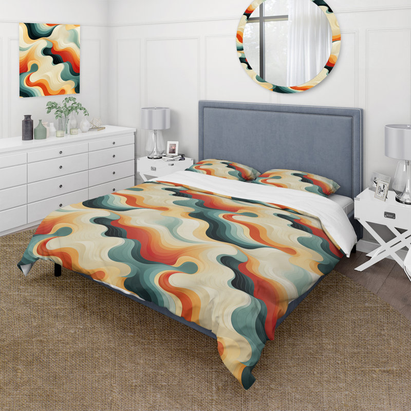 Nostalgic Mod Waves - Midcentury Duvet Cover Set - Microfiber Polyester, King Duvet Cover + 2 King Shams