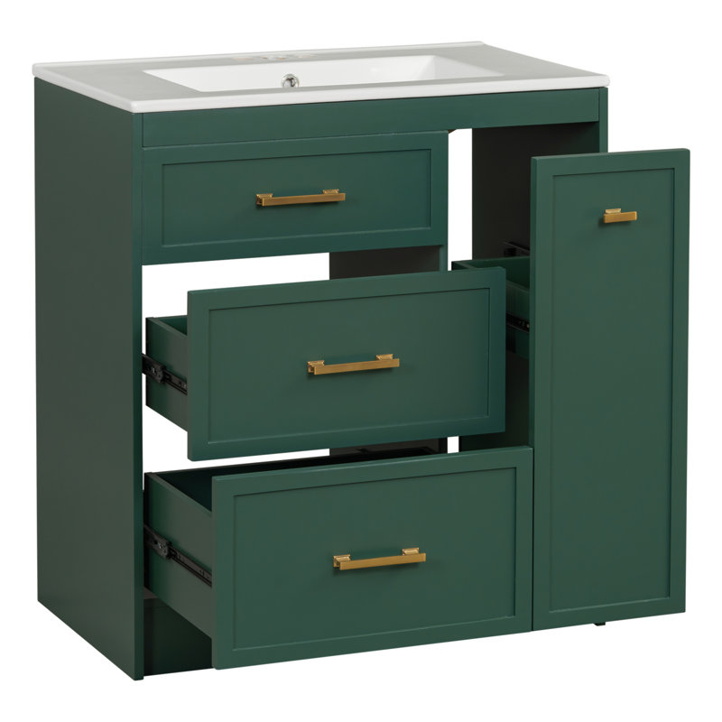 Ensemble de meuble-lavabo classique vert forêt de 30 pouces avec trois tiroirs, une double couche et de longues poignées dorées pour les petites salles de bain