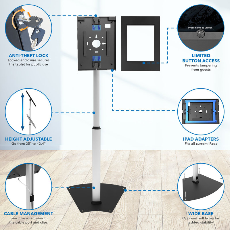 Adjustable Anti-Theft Black and Silver Tablet Floor Stand