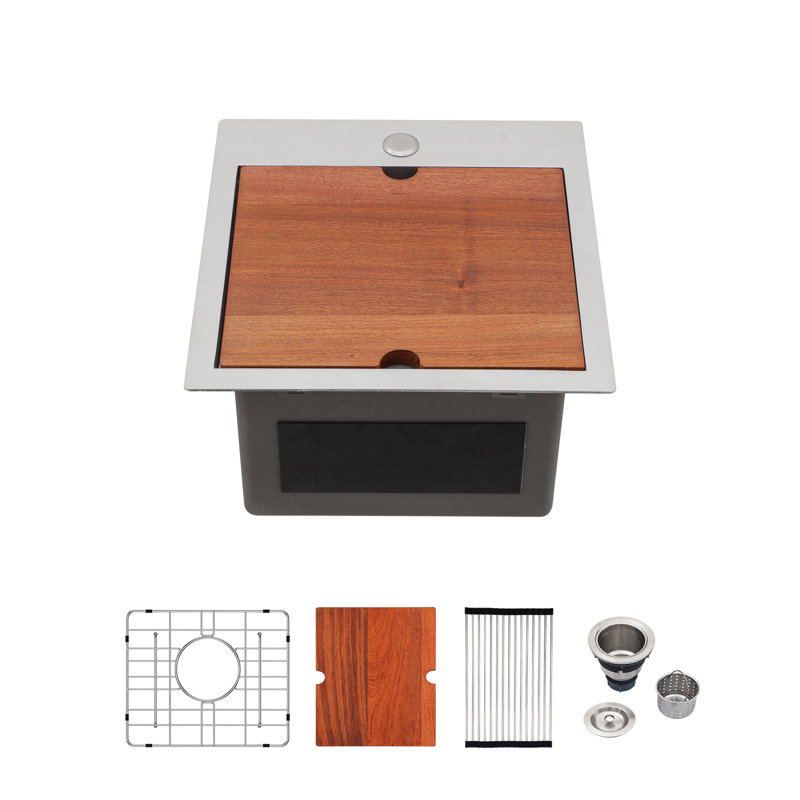 15" L x 15" W Drop-in Kitchen Bar Top-mount Stainless Steel Sink Workstation Kitchen Sink 16 Gauge Stainless Steel Single Bowl Sink