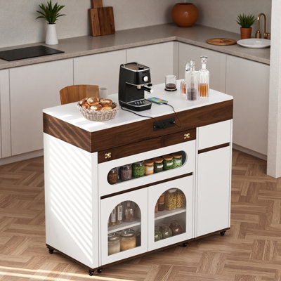 Rolling Kitchen Island With Extra-long Folding Top, Drawers, Cabinets, Power Outlet And Lockable Wheels