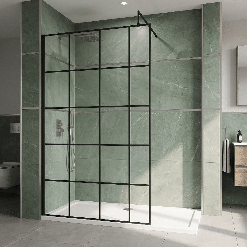 nuie 1100mm Matt Black Framed Wetroom Screen With Support Bar