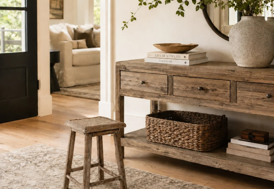 Rustic wooden console table in a bright entryway with a woven basket on the bottom shelf, a ceramic vase on top, and a small wooden stool in the foreground.